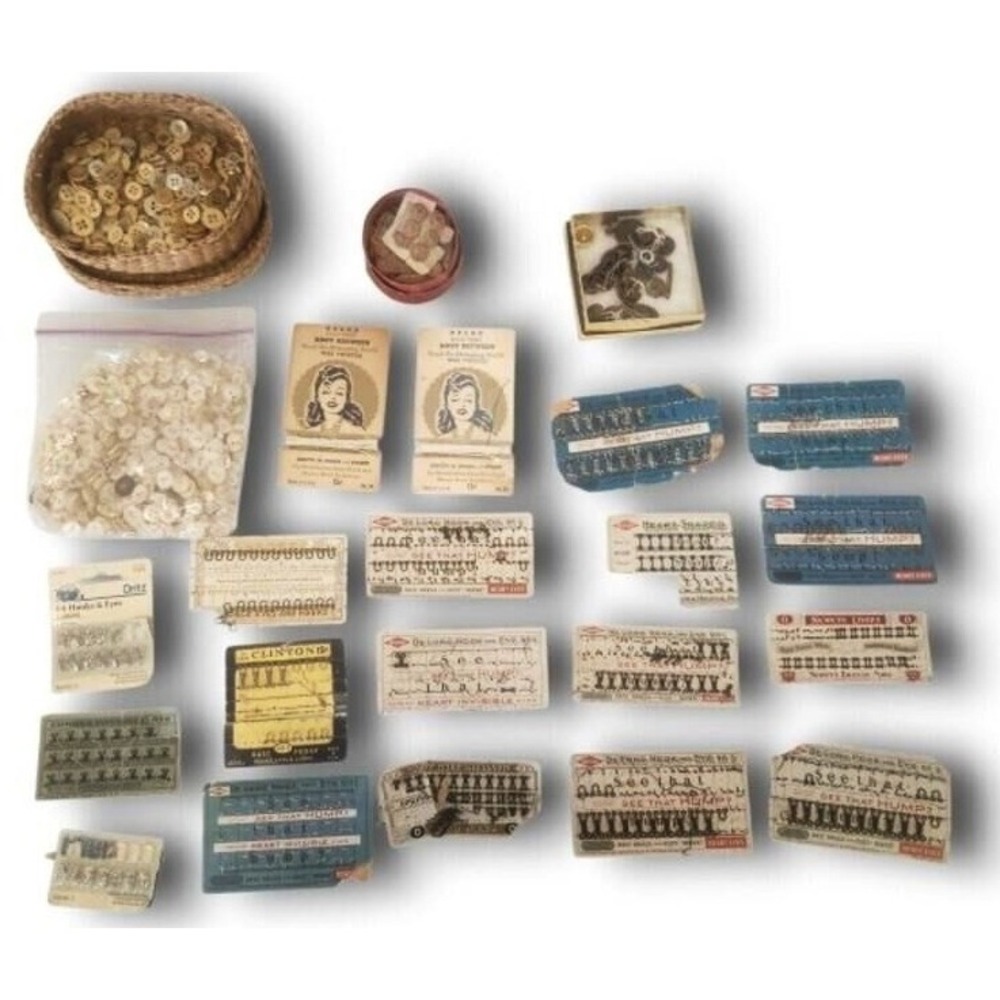 Antique Lot Sewing Notions Buttons DeLong Hook & Eye Cards Dritz Clinton Basket